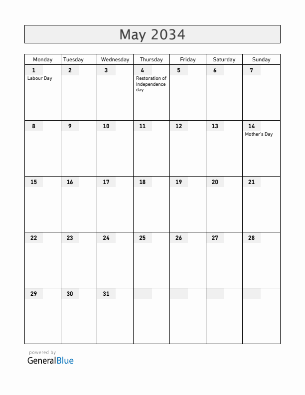 Latvia May 2034 Calendar with Holidays