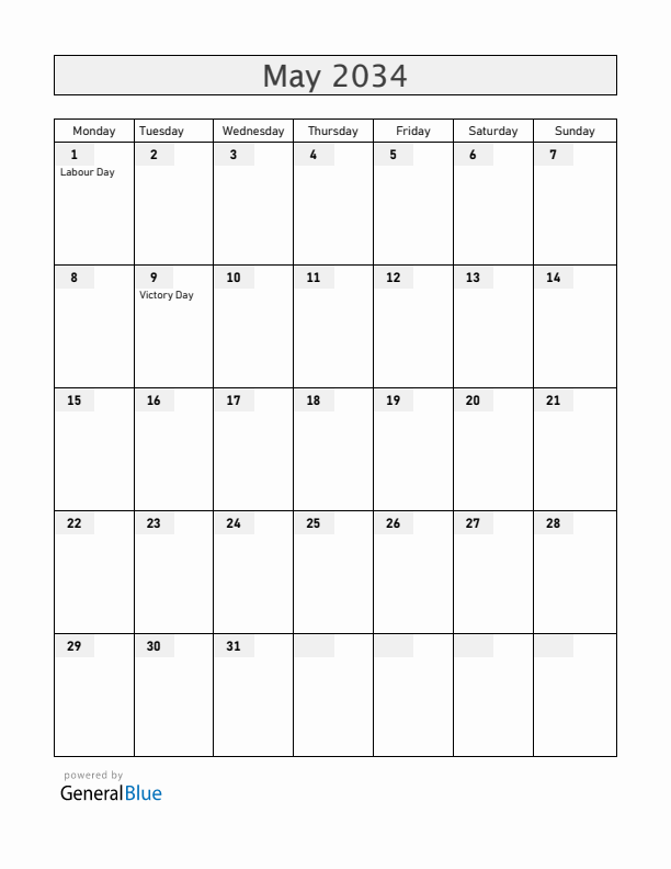 Moldova May 2034 Calendar with Holidays