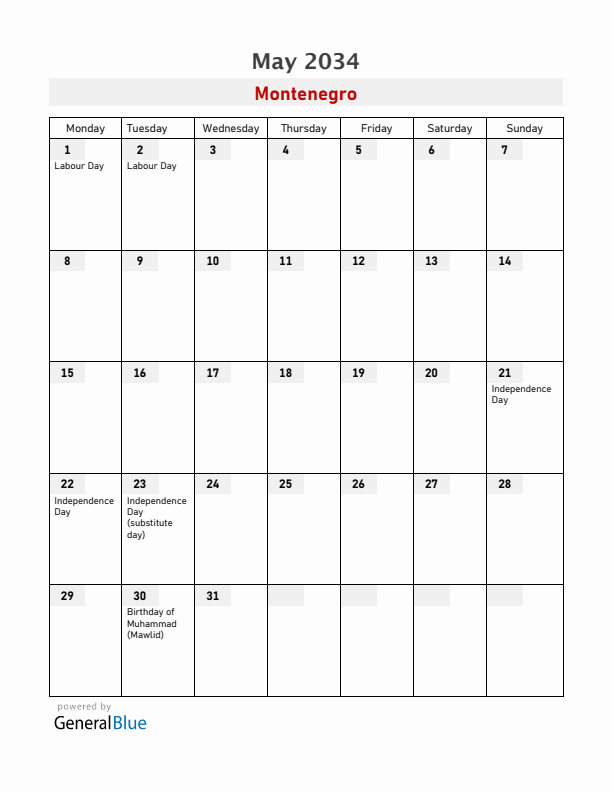 Montenegro May 2034 Calendar with Holidays