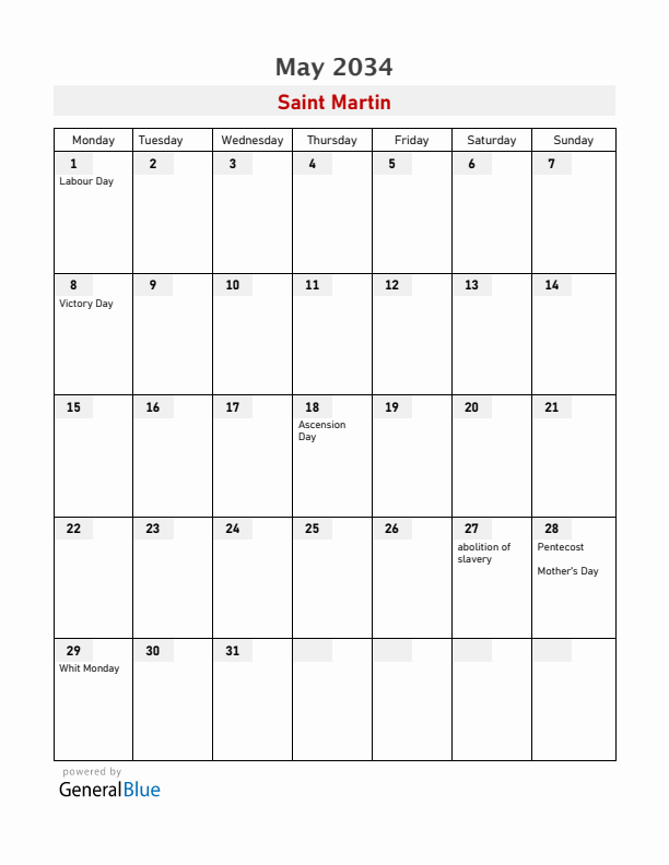 Saint Martin May 2034 Calendar with Holidays