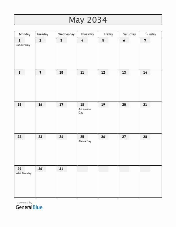 Madagascar May 2034 Calendar with Holidays