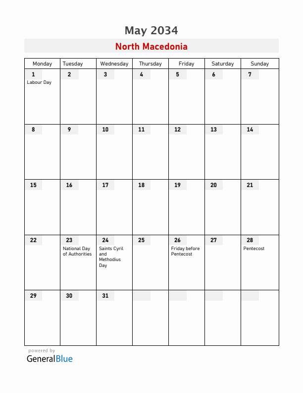 North Macedonia May 2034 Calendar with Holidays