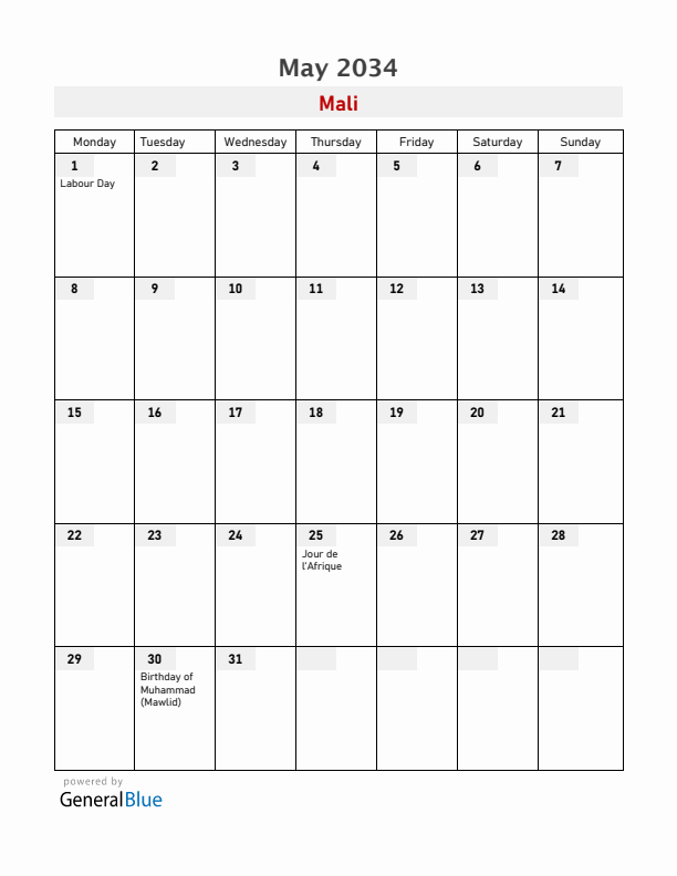 Mali May 2034 Calendar with Holidays