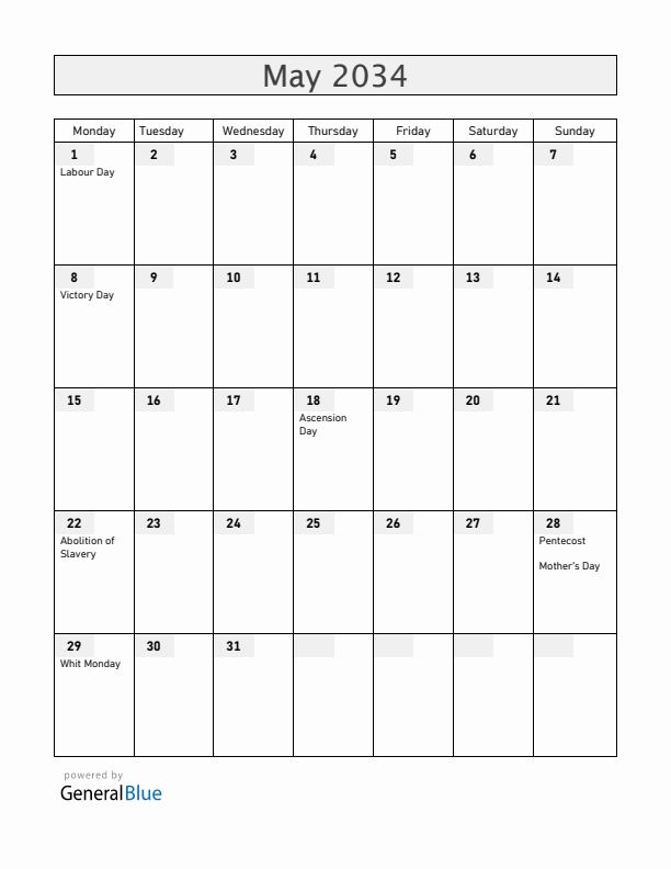Martinique May 2034 Calendar with Holidays