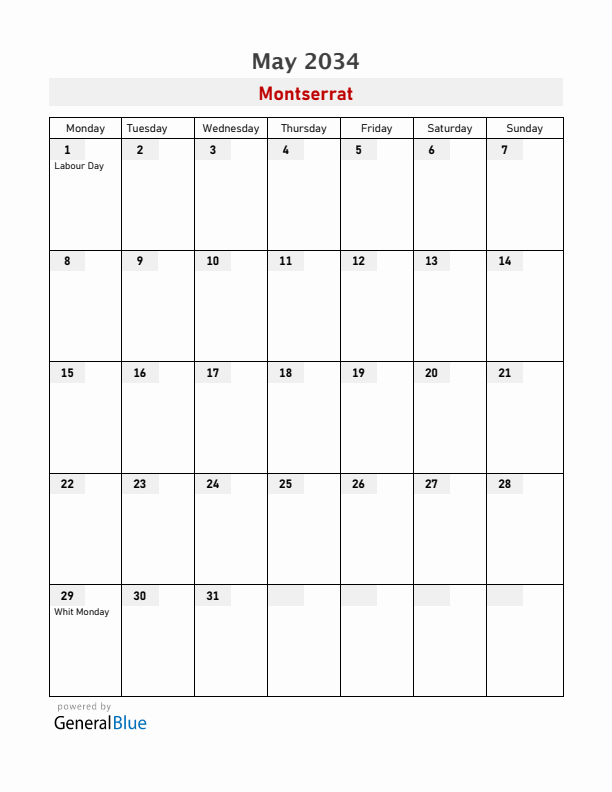 Montserrat May 2034 Calendar with Holidays