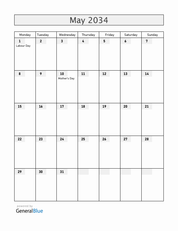 Mexico May 2034 Calendar with Holidays