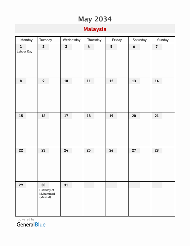 Malaysia May 2034 Calendar with Holidays