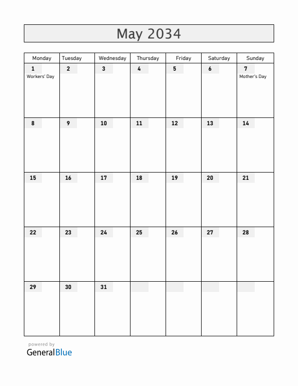 Mozambique May 2034 Calendar with Holidays