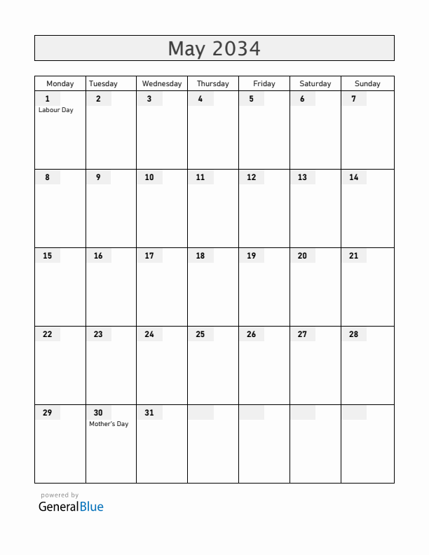 Nicaragua May 2034 Calendar with Holidays