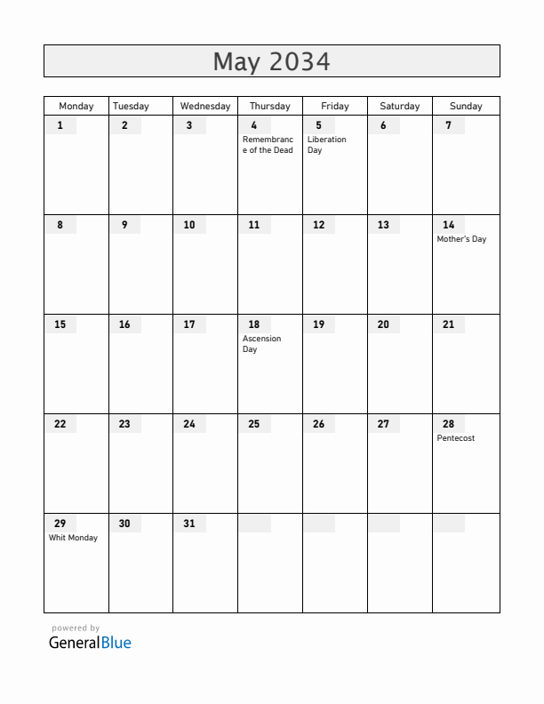 The Netherlands May 2034 Calendar with Holidays