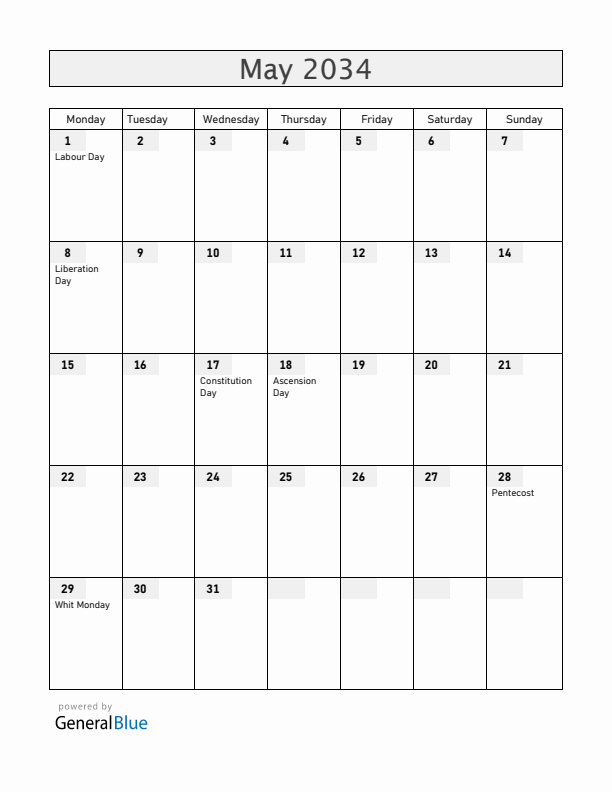 Norway May 2034 Calendar with Holidays