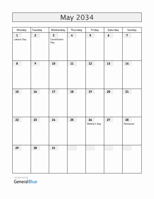 Poland May 2034 Calendar with Holidays