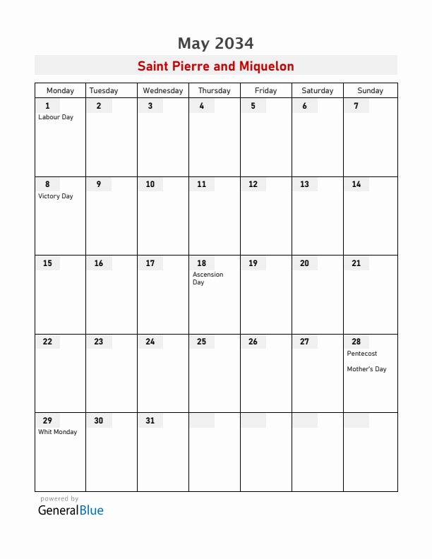 Saint Pierre and Miquelon May 2034 Calendar with Holidays