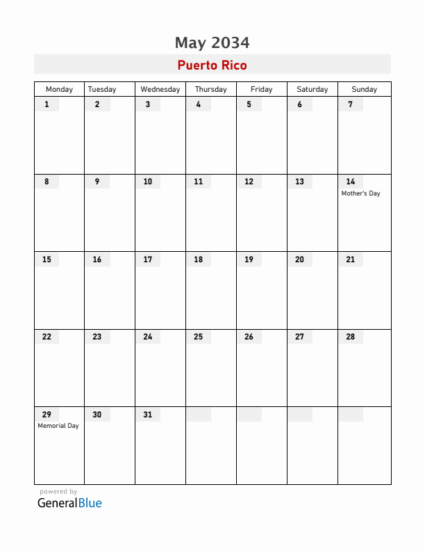 Puerto Rico May 2034 Calendar with Holidays
