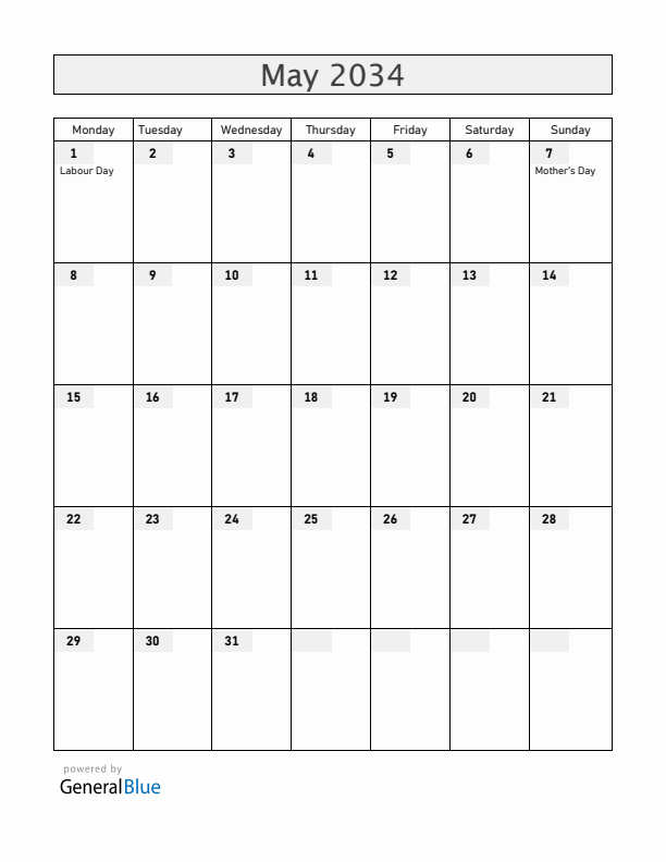 Portugal May 2034 Calendar with Holidays