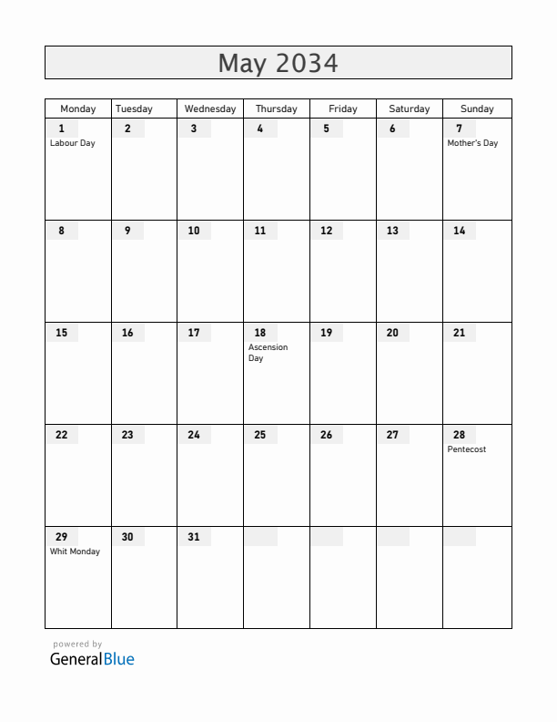 Romania May 2034 Calendar with Holidays