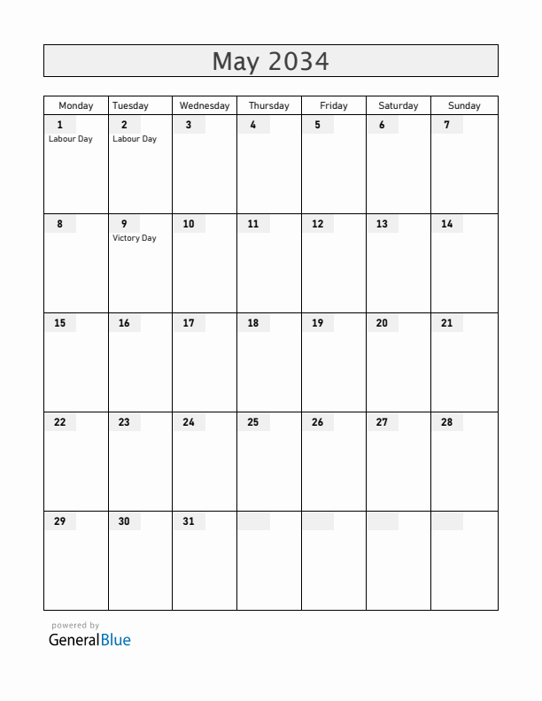 Serbia May 2034 Calendar with Holidays