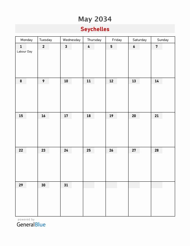 Seychelles May 2034 Calendar with Holidays