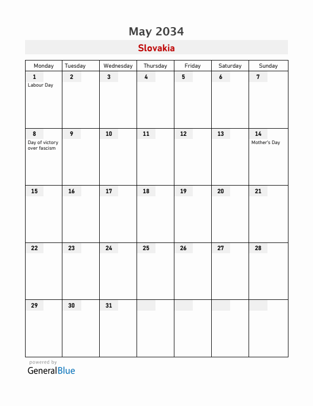 Slovakia May 2034 Calendar with Holidays