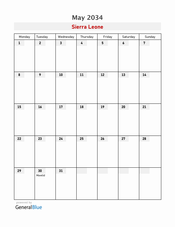 Sierra Leone May 2034 Calendar with Holidays