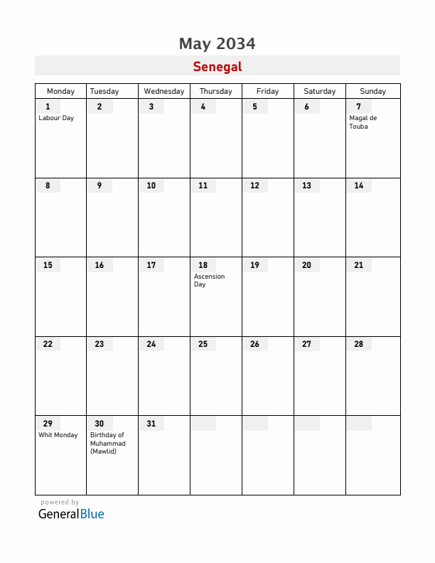 Senegal May 2034 Calendar with Holidays