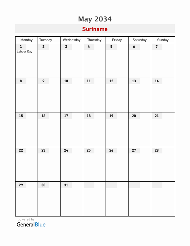 Suriname May 2034 Calendar with Holidays