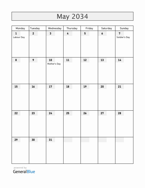 El Salvador May 2034 Calendar with Holidays