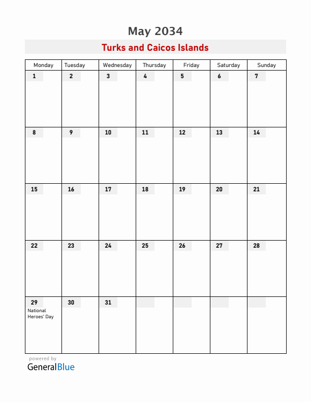 Turks and Caicos Islands May 2034 Calendar with Holidays