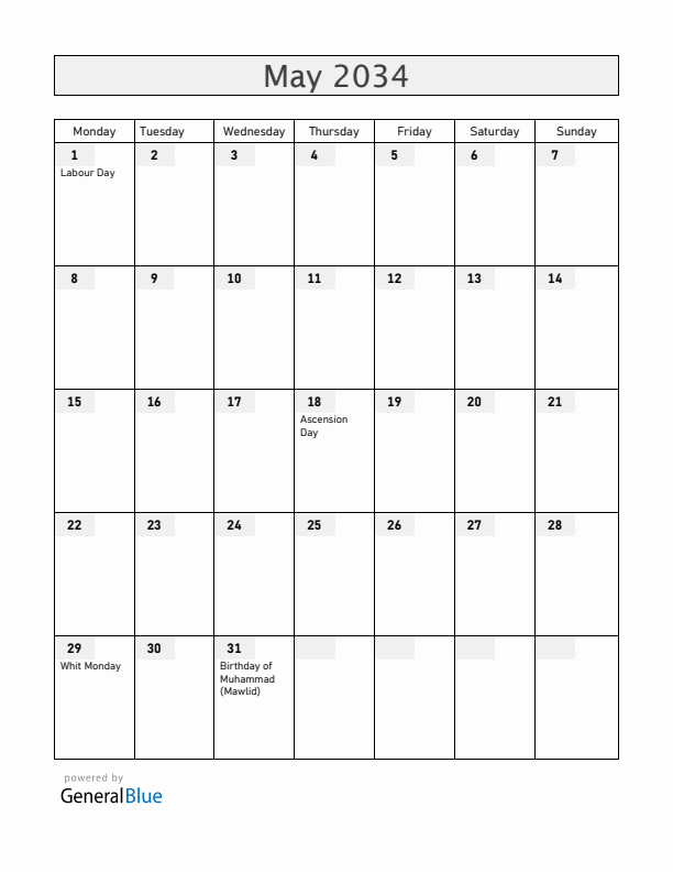 Togo May 2034 Calendar with Holidays