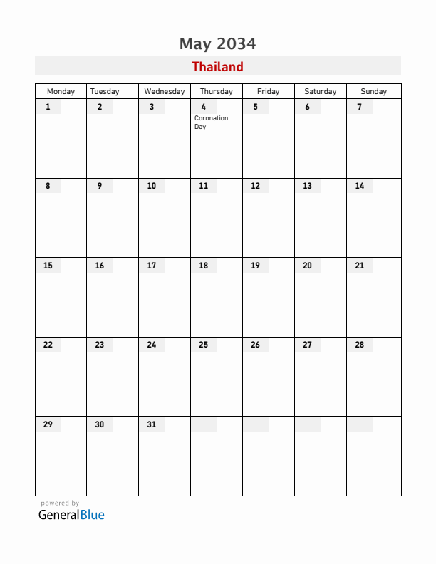 Thailand May 2034 Calendar with Holidays