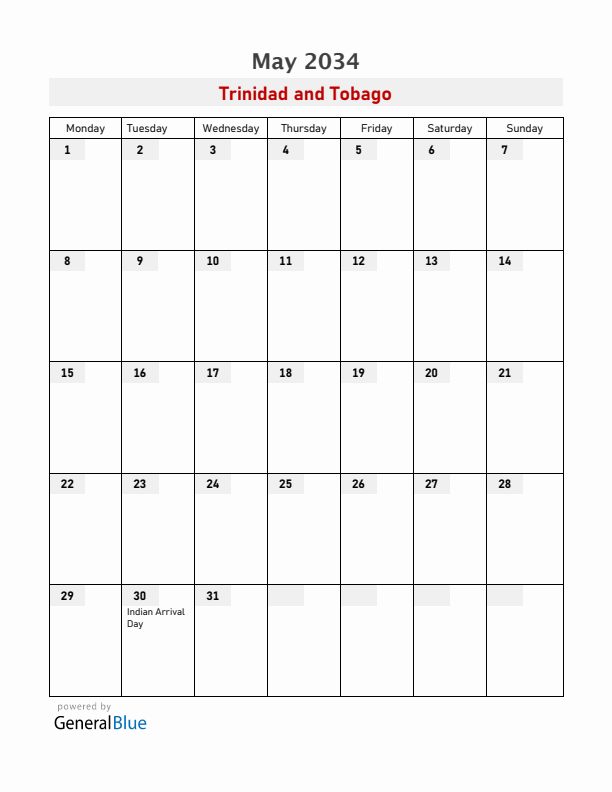 Trinidad and Tobago May 2034 Calendar with Holidays
