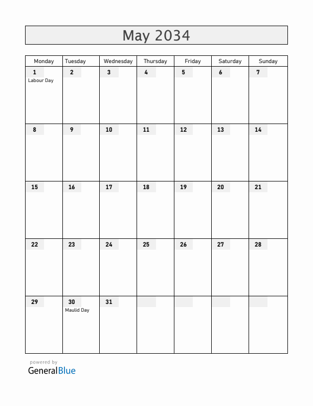 Tanzania May 2034 Calendar with Holidays