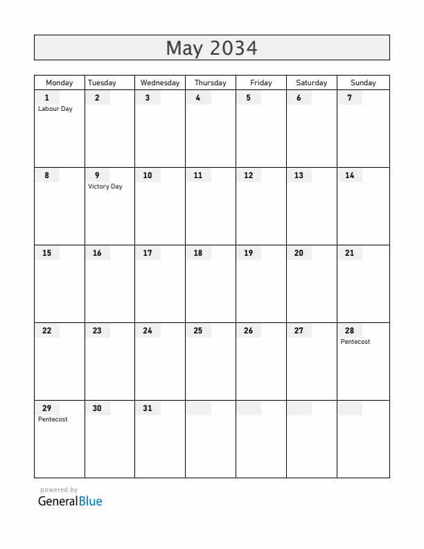 Ukraine May 2034 Calendar with Holidays