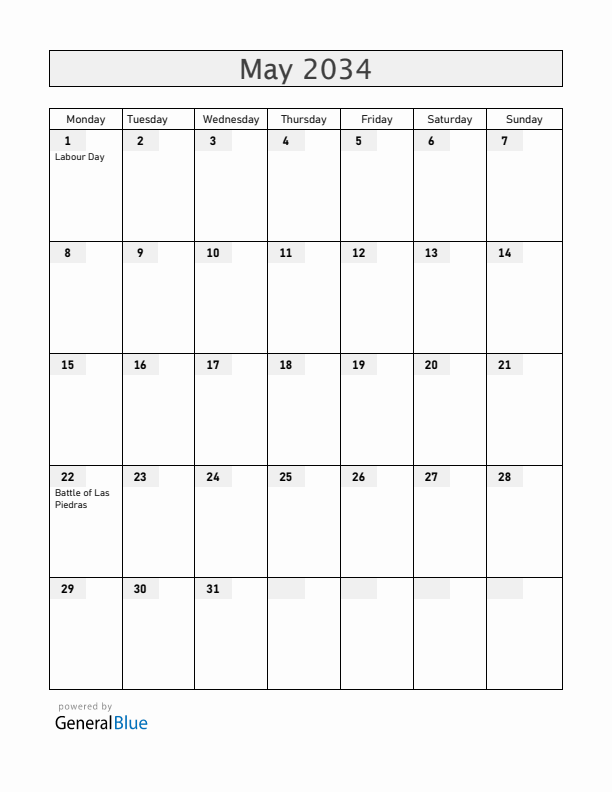 Uruguay May 2034 Calendar with Holidays