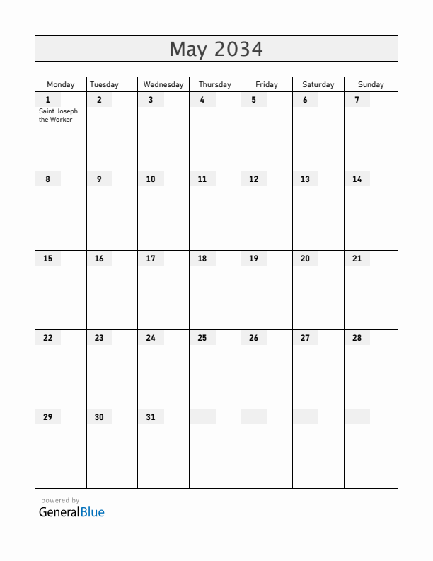 Vatican May 2034 Calendar with Holidays