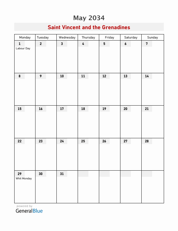 Saint Vincent and the Grenadines May 2034 Calendar with Holidays
