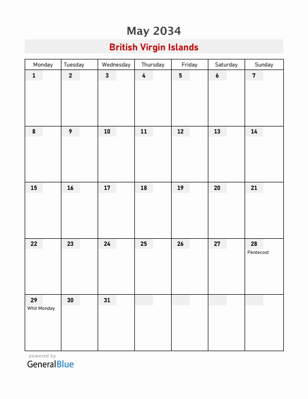 British Virgin Islands May 2034 Calendar with Holidays