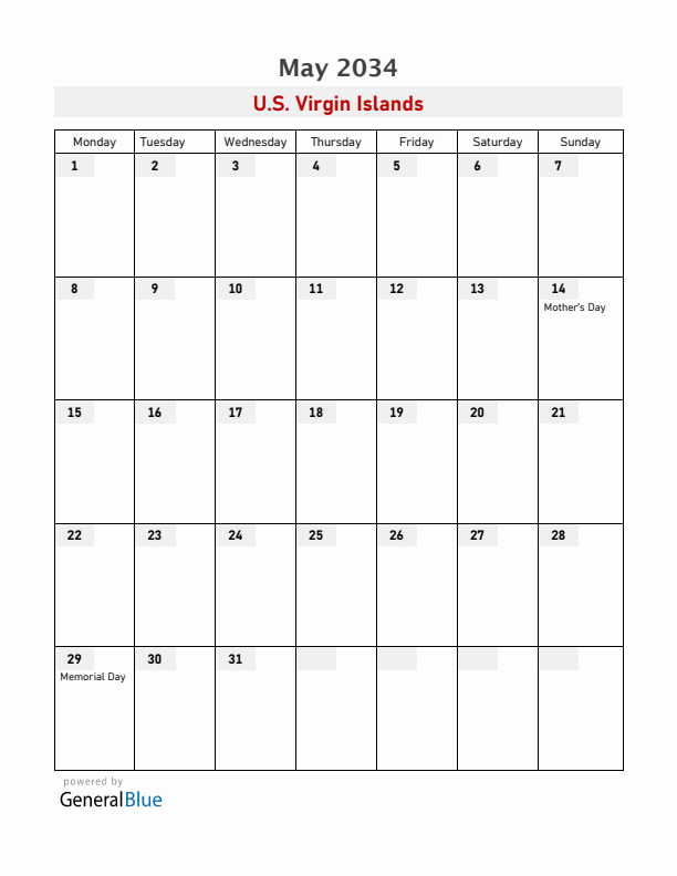 U.S. Virgin Islands May 2034 Calendar with Holidays