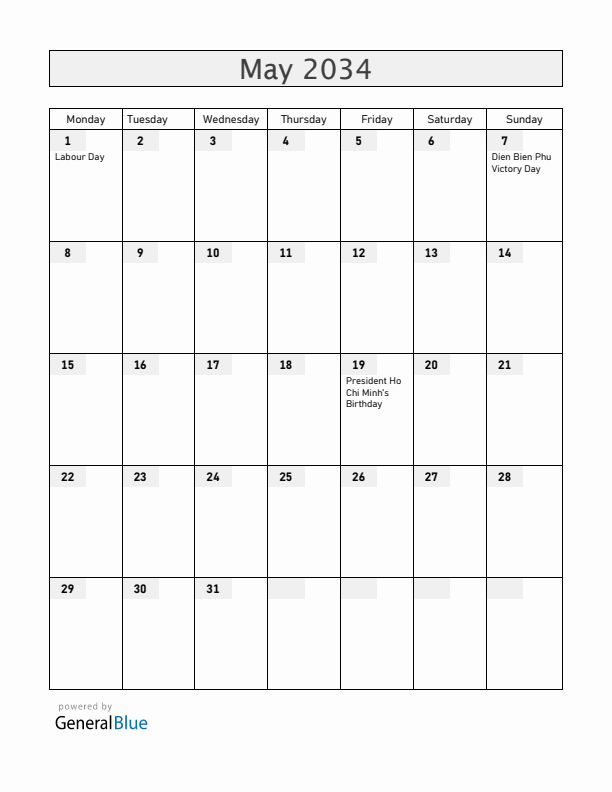 Vietnam May 2034 Calendar with Holidays