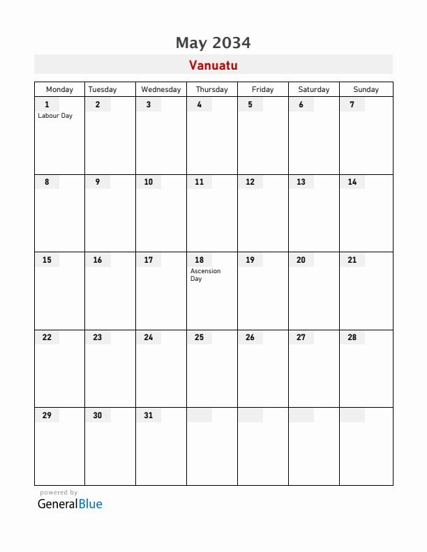 Vanuatu May 2034 Calendar with Holidays