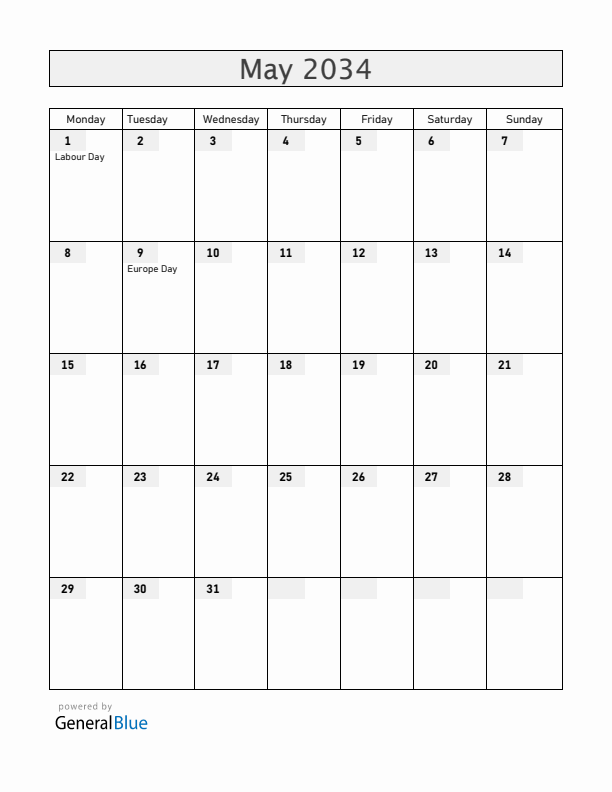 Kosovo May 2034 Calendar with Holidays