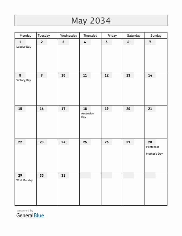 Mayotte May 2034 Calendar with Holidays