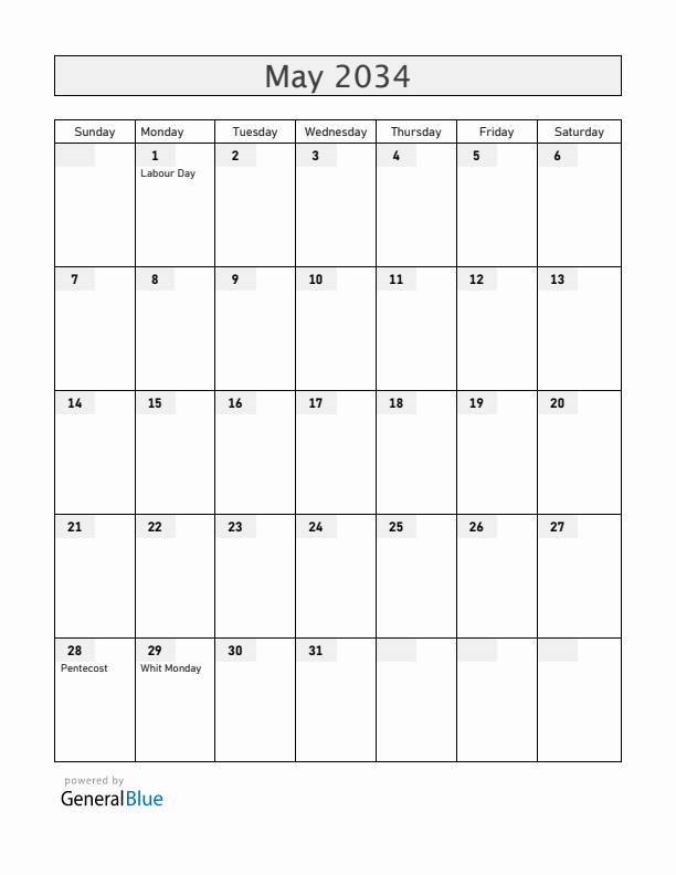 Antigua and Barbuda May 2034 Calendar with Holidays