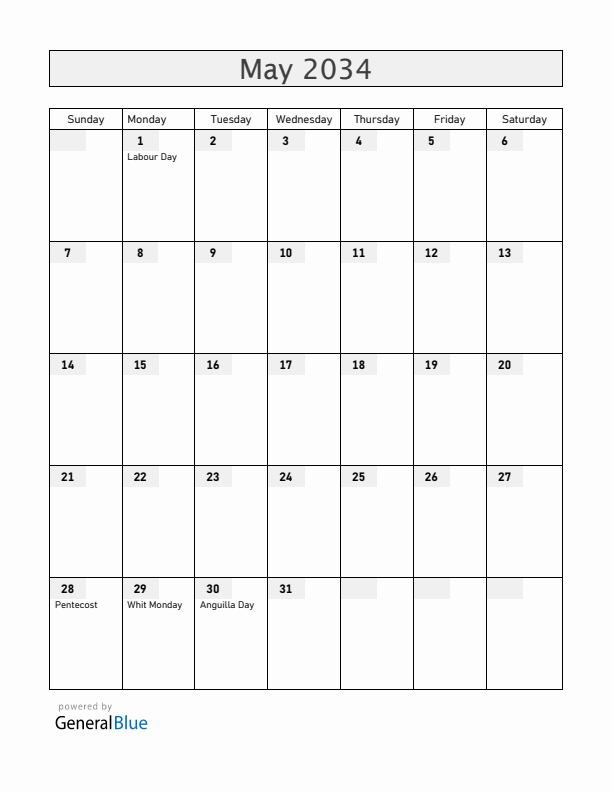 Anguilla May 2034 Calendar with Holidays