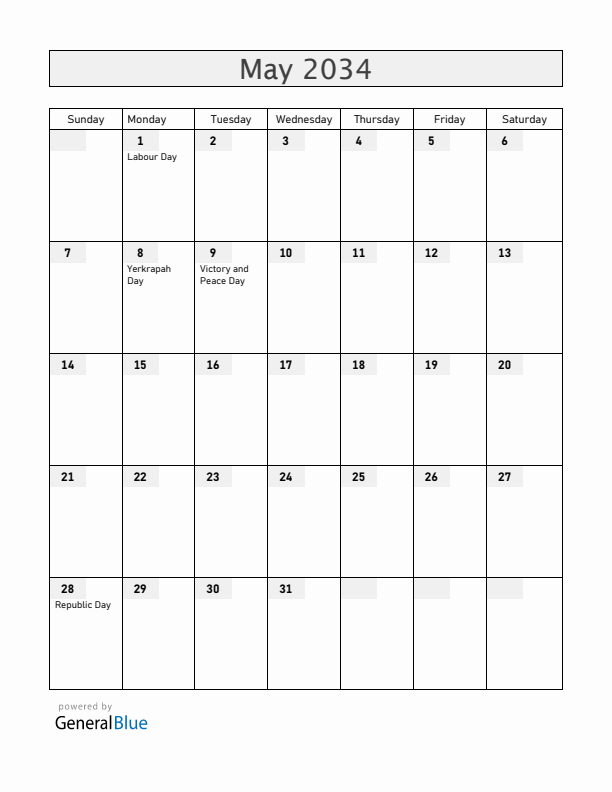 Armenia May 2034 Calendar with Holidays