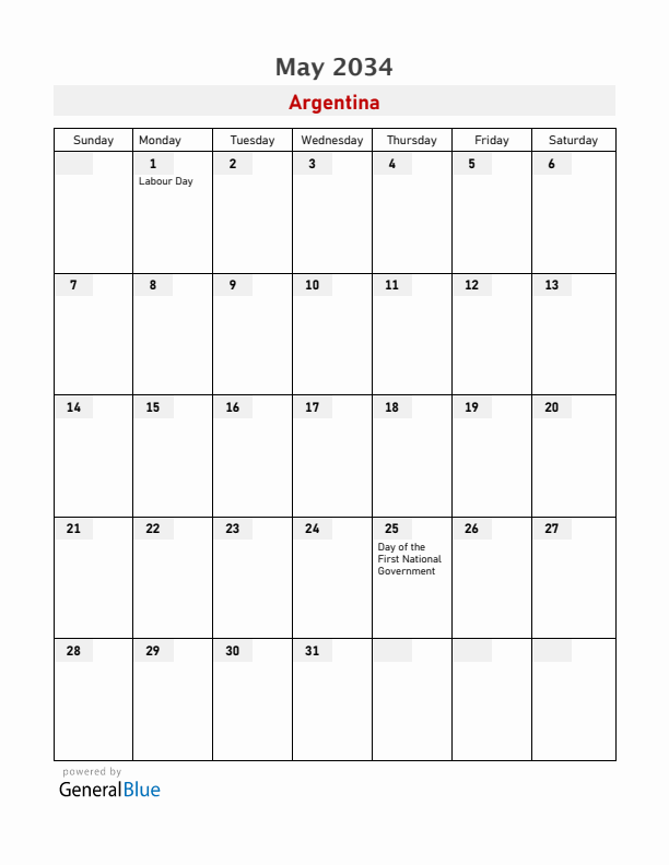 Argentina May 2034 Calendar with Holidays