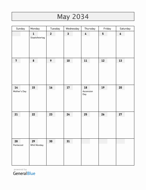 Austria May 2034 Calendar with Holidays