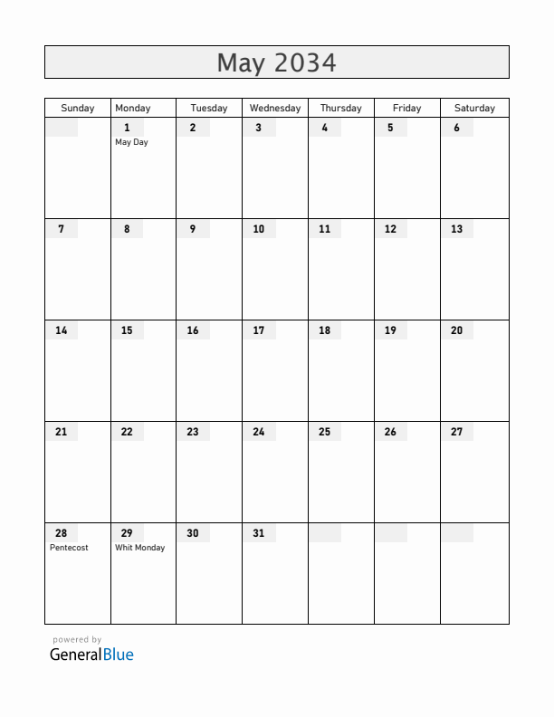 Barbados May 2034 Calendar with Holidays