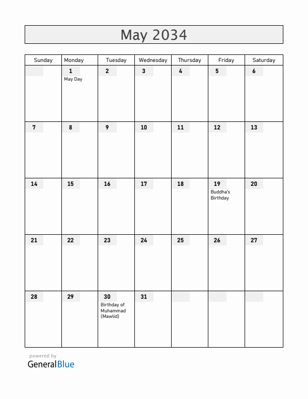 Bangladesh May 2034 Calendar with Holidays