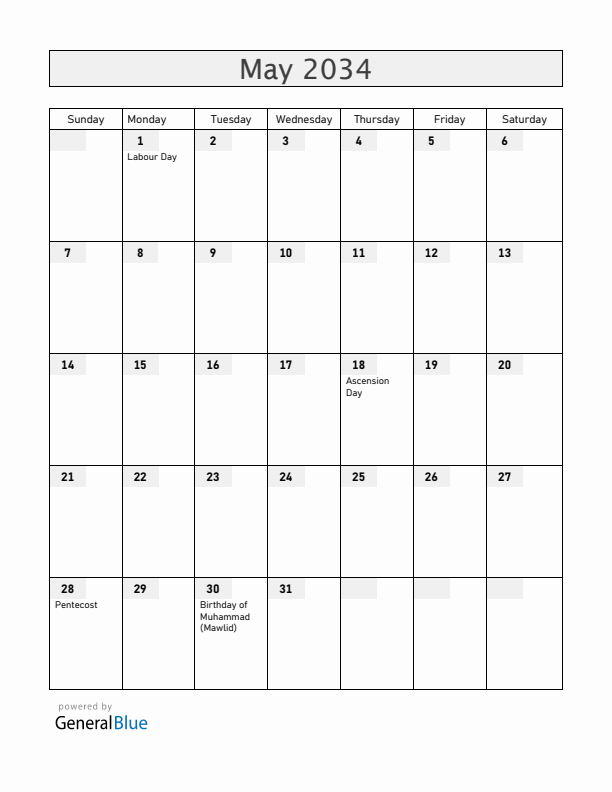 Burkina Faso May 2034 Calendar with Holidays